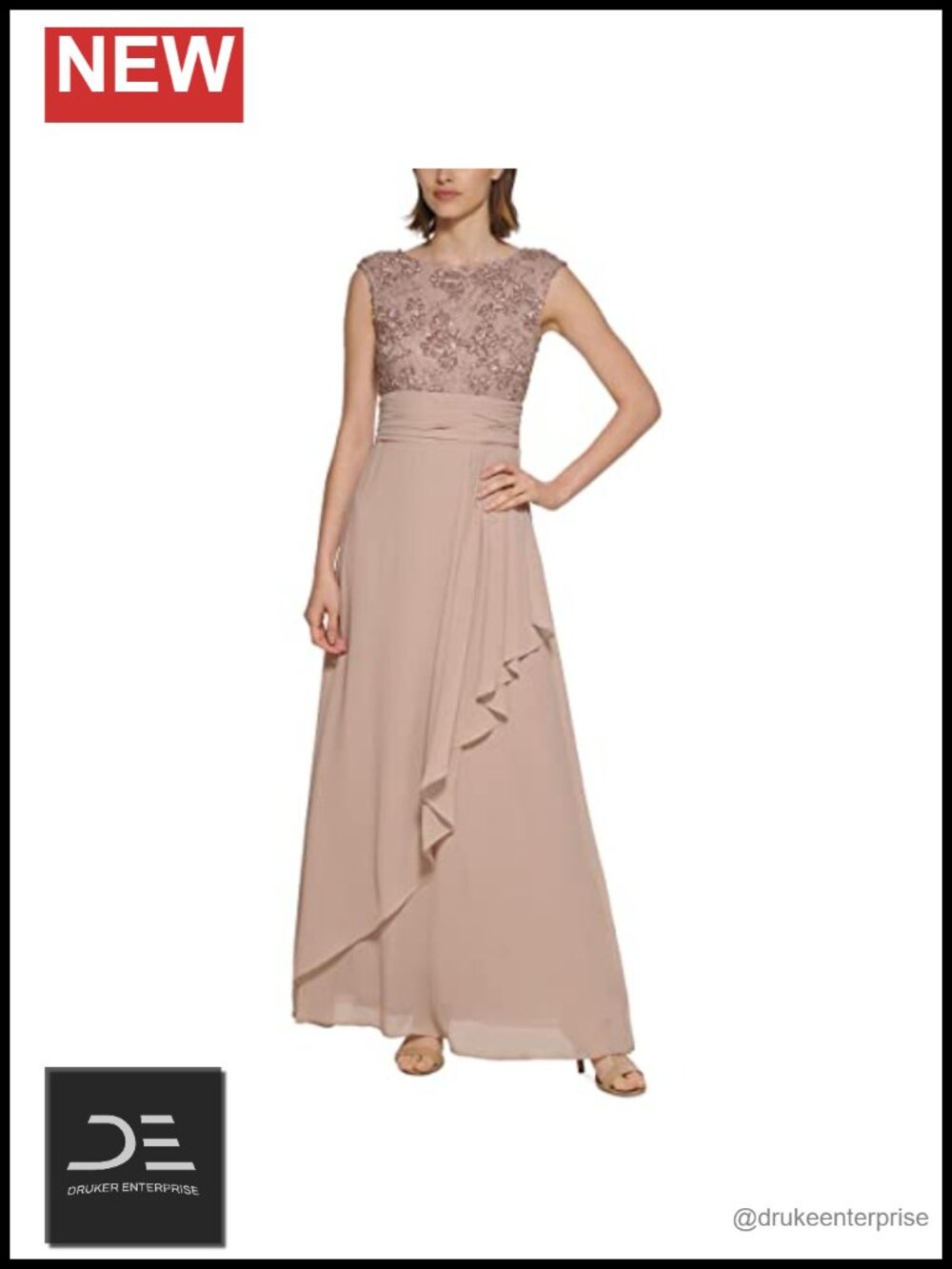 Women's Cap Sleeve Boat Neck Embellished Chiffon Gown Formal